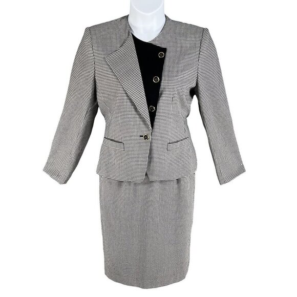 Kasper ASL Womens 8 Black White Houndstooth Blazer Skirt Set Power Suit Timeless - Picture 1 of 16